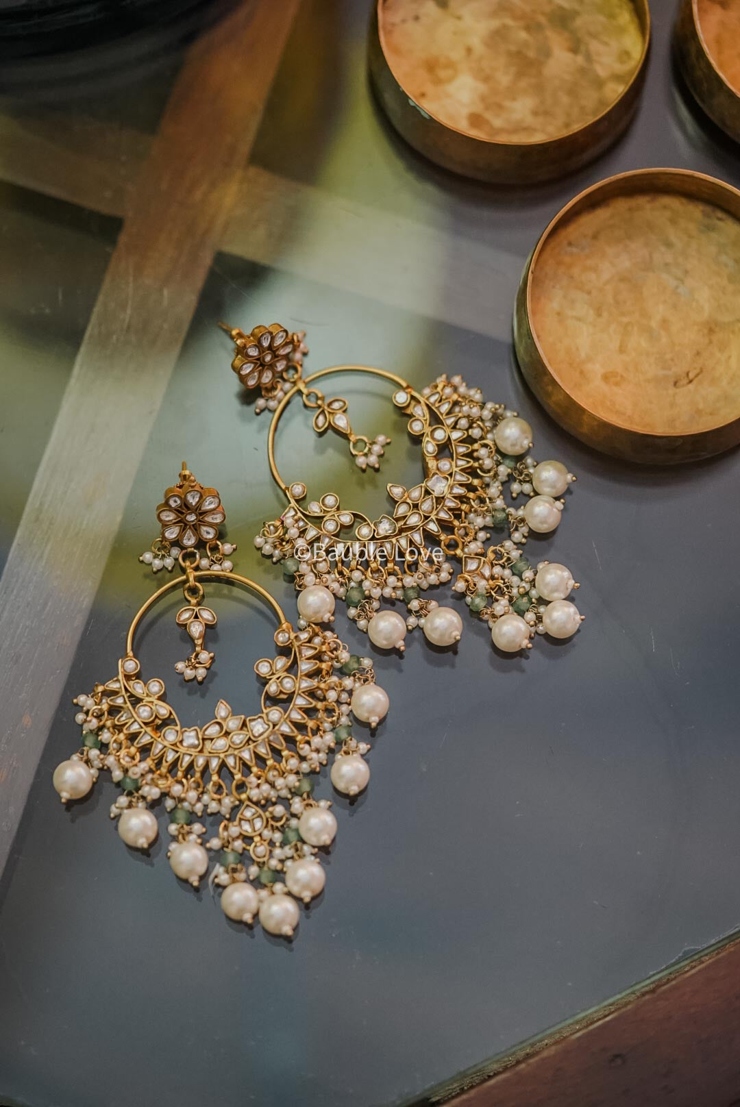 Hennah Jadau Chandbali Earrings (White)