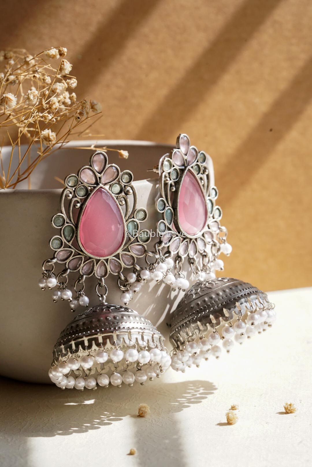 Pink jhumkas online with pearl