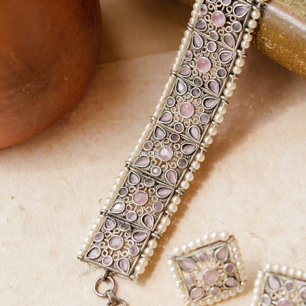 Antra Brass Choker Set (Pastel Pink)
