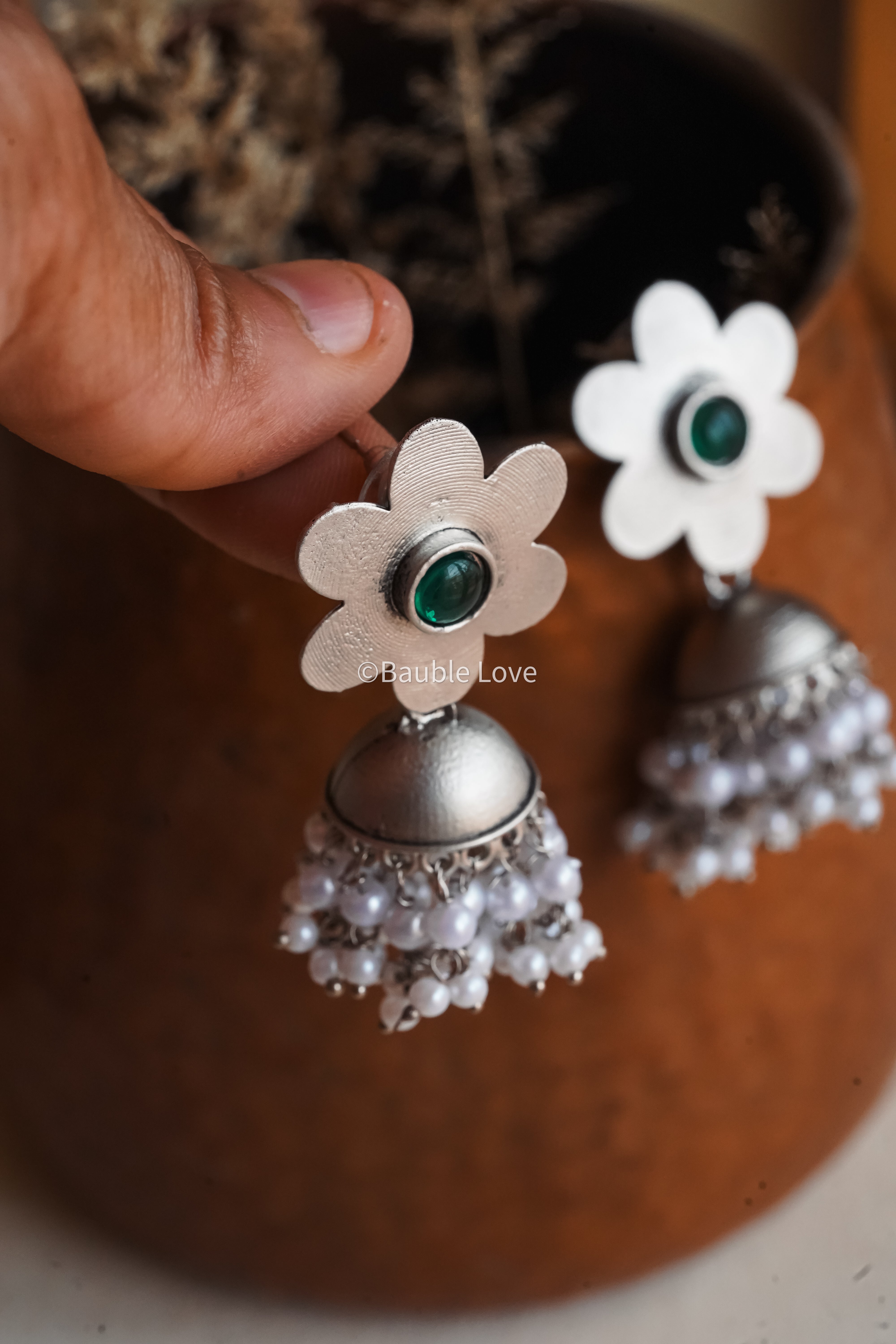 Green Floral Jhumkas