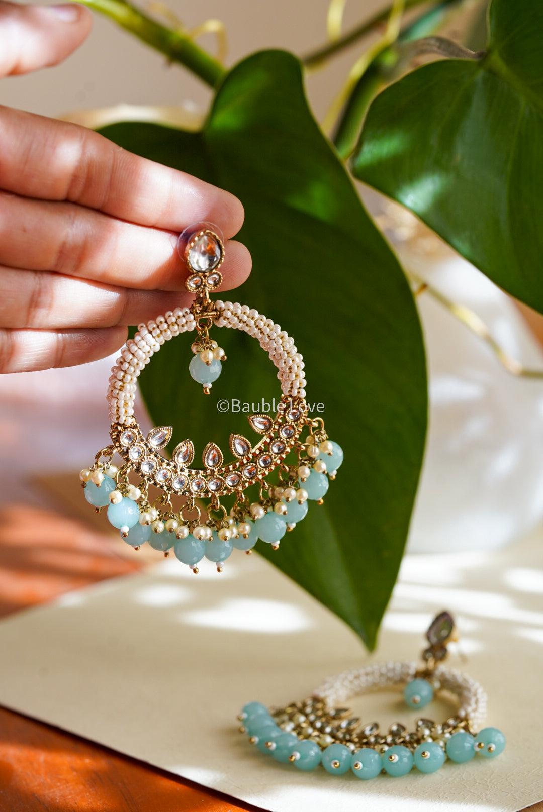 Teal Pearl Chandbali Earrings