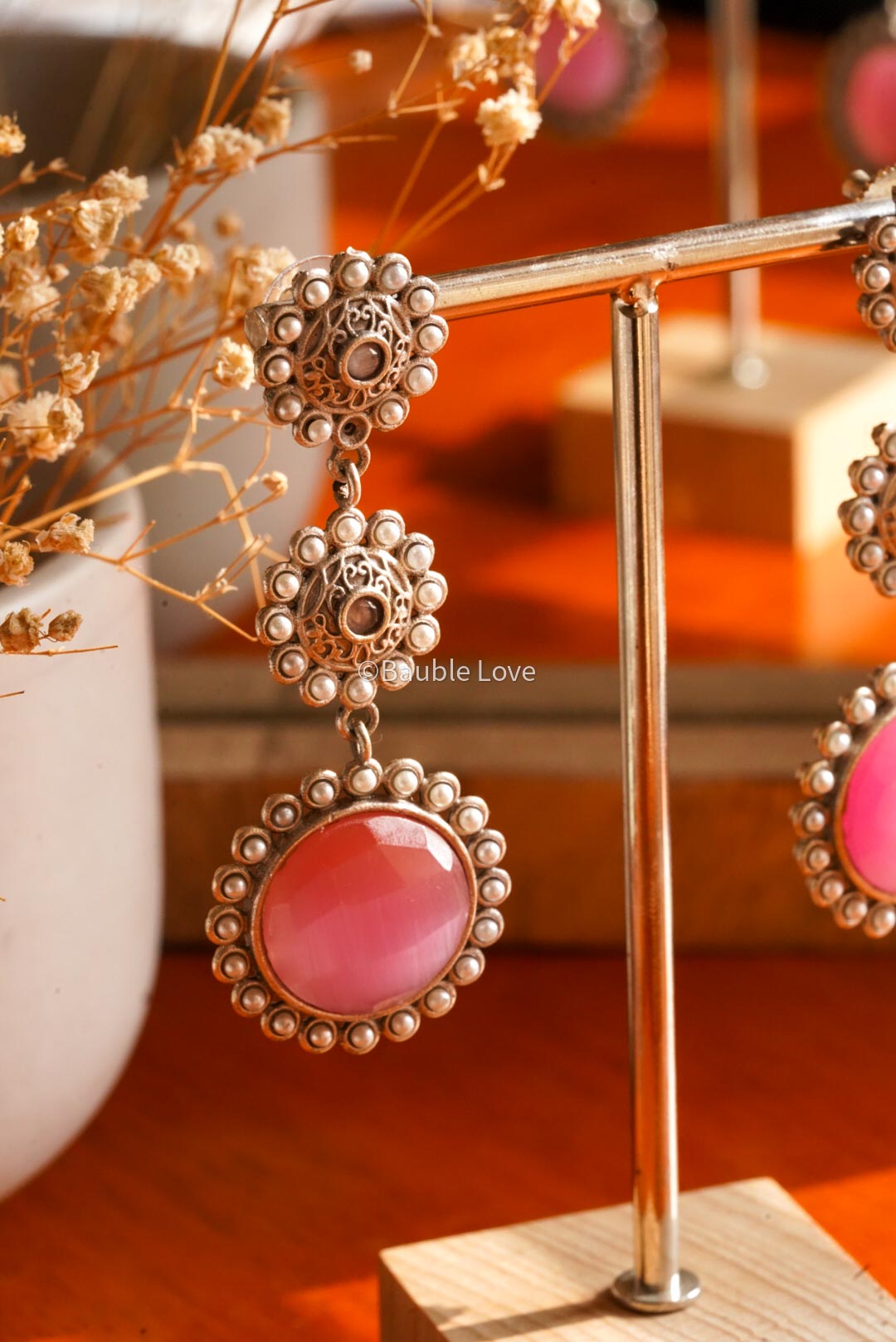 Yaalz Silk Thread Kundan Stone Jhumka Earring In Baby Pink Color